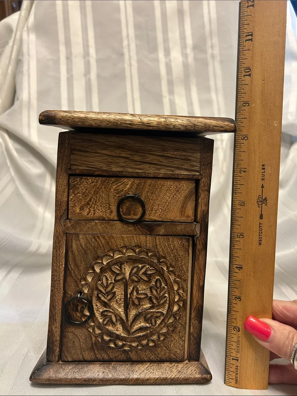 Hand-Carved Wooden Decorative Box in Rich Brown